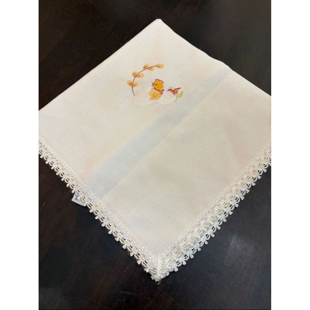 Embroidered Chick Egg White Linen Tablecloth with Crochet Edge